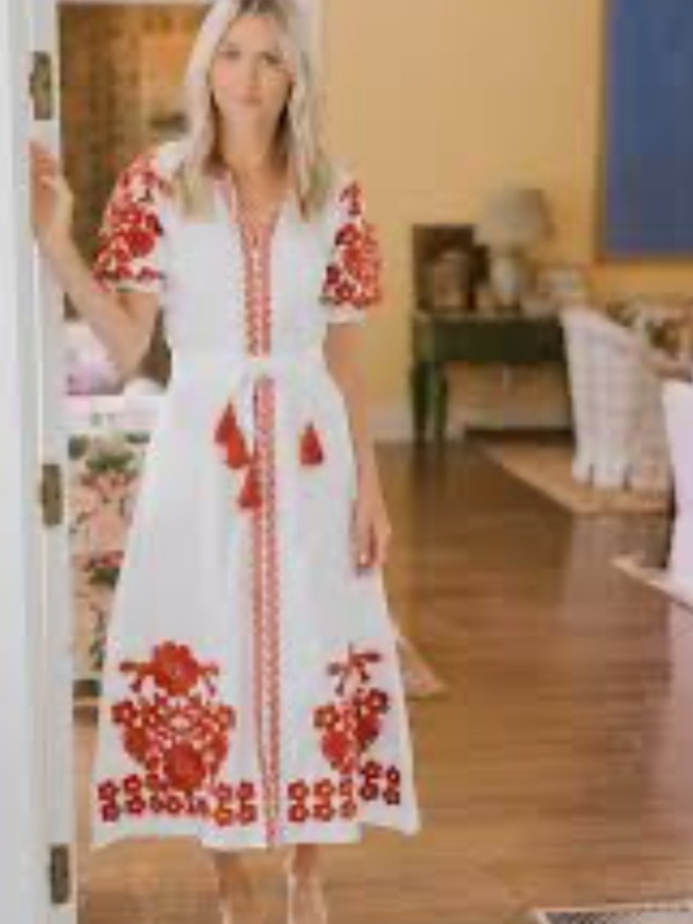 Julia Amory Dunmore Coatue Caftan Dress Cotton Boho White Red Embroidered